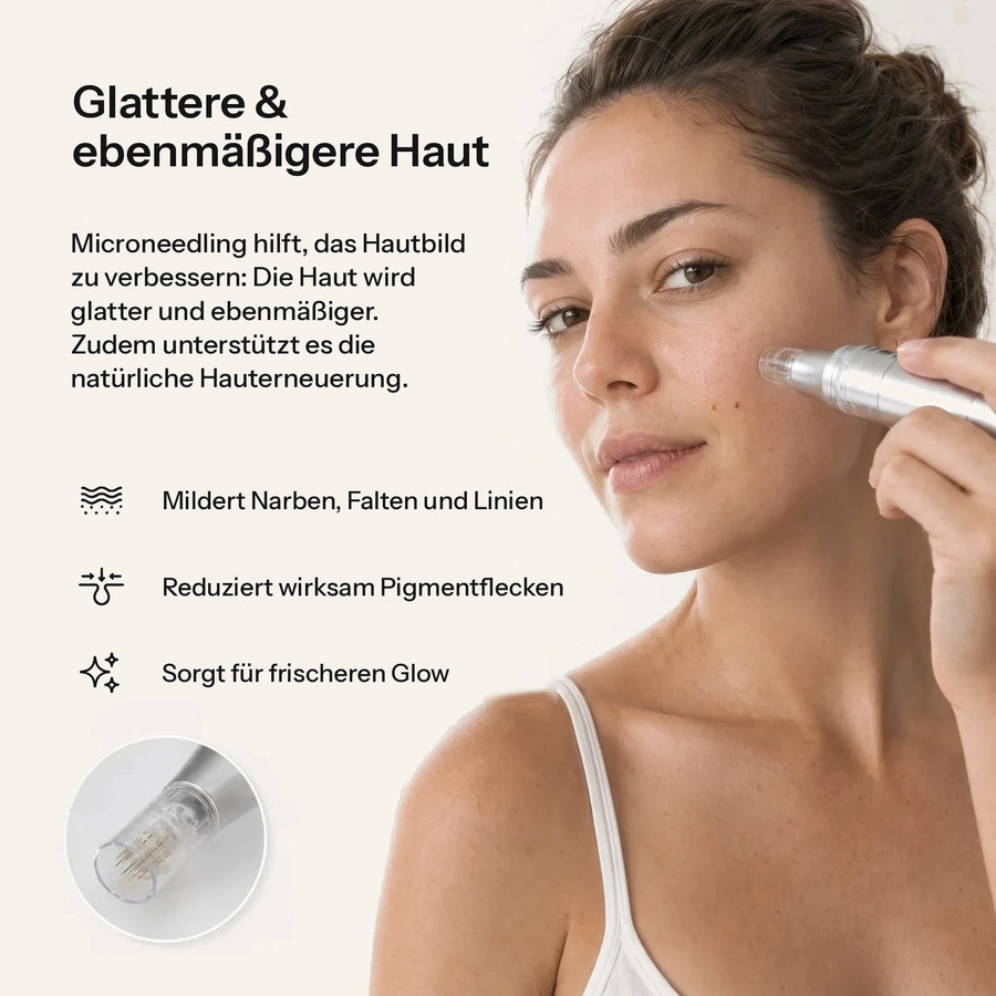 Frau verwendet den Feevra Microneedling Pen an der Wange, für glattere, ebenmäßigere Haut und frischen Glow