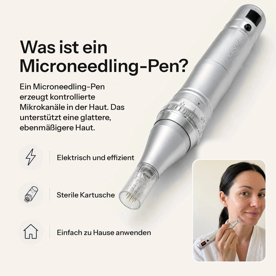Feevra Microneedling Pen in Silber mit steriler Nadelkartusche und eine Frau bei der Anwendung zu Hause