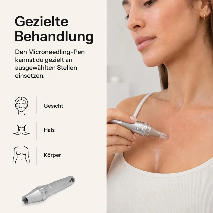 Frau verwendet den Feevra Microneedling Pen am Dekolleté, geeignet für Gesicht, Hals und Körper