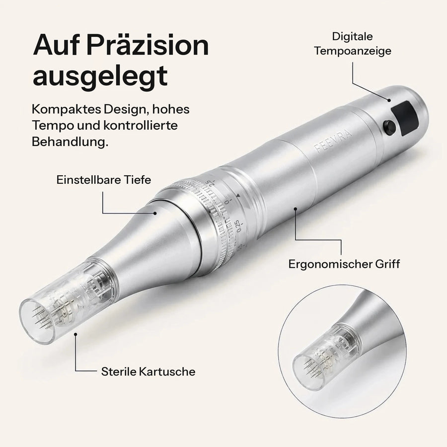 Feevra Microneedling Pen mit digitaler Tempoanzeige, einstellbarer Tiefe, ergonomischem Griff und steriler Kartusche