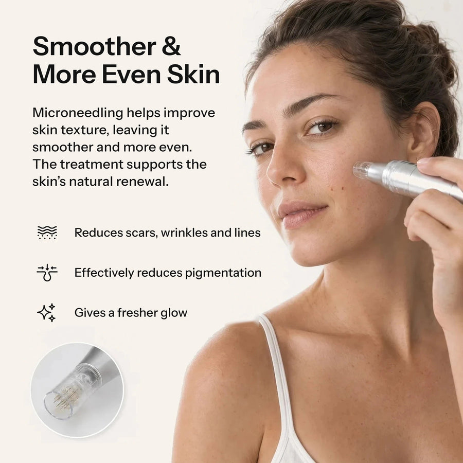 Woman using the Feevra Microneedling Pen on her cheek, with benefits: smoother, more even skin and a fresher glow