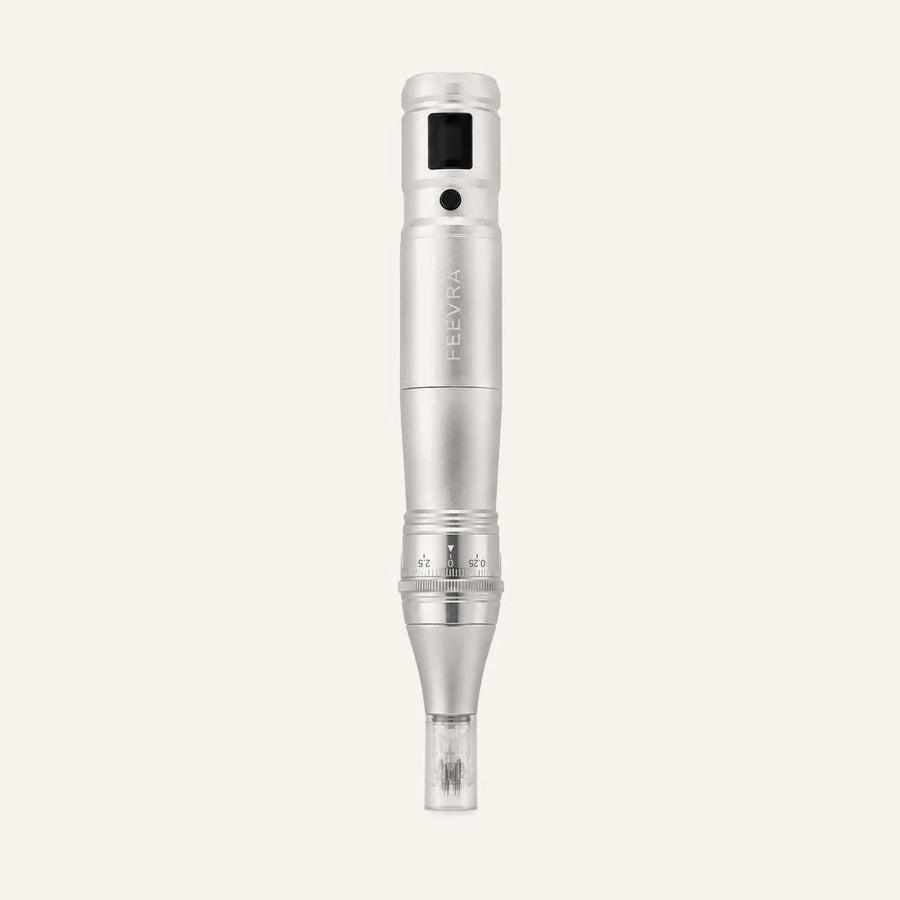 Feevra Microneedling Pen seen from the front with adjustable needle depth and a needle cartridge attached