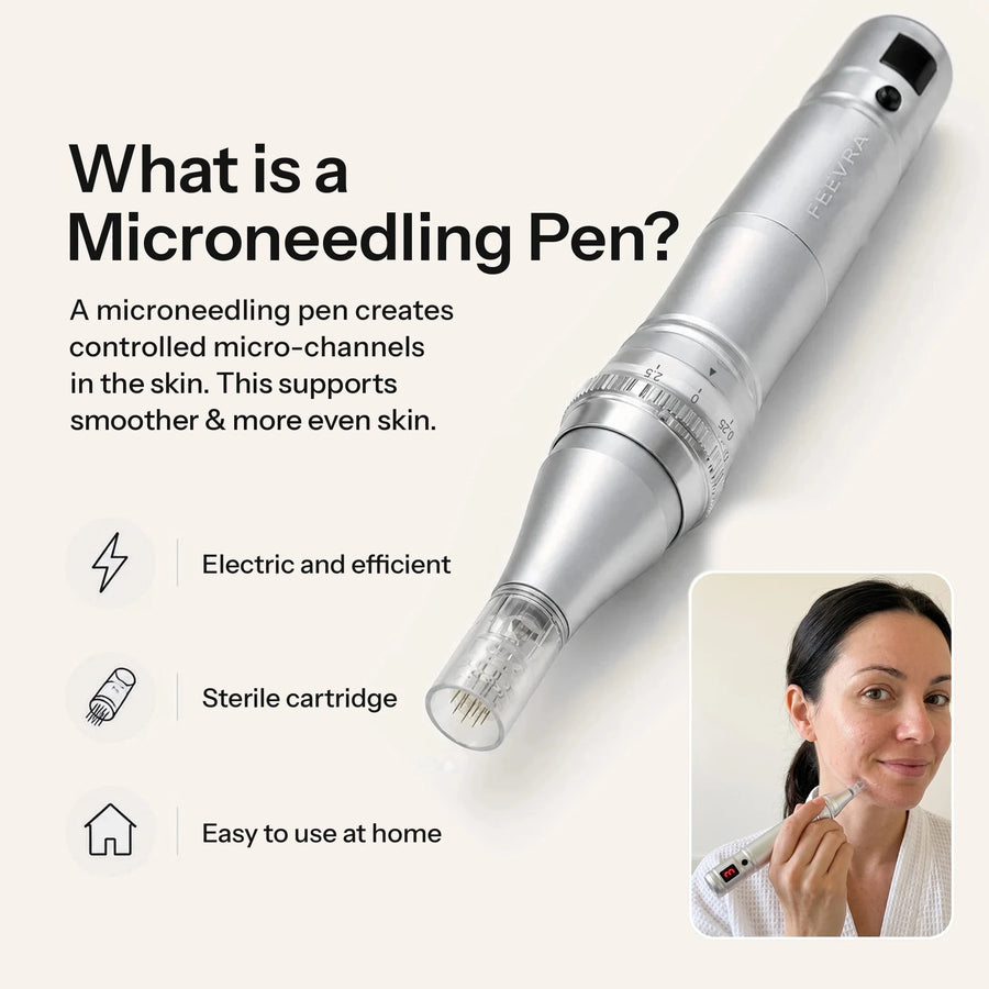 Feevra Microneedling Pen in silver with a sterile needle cartridge, plus a woman using it at home