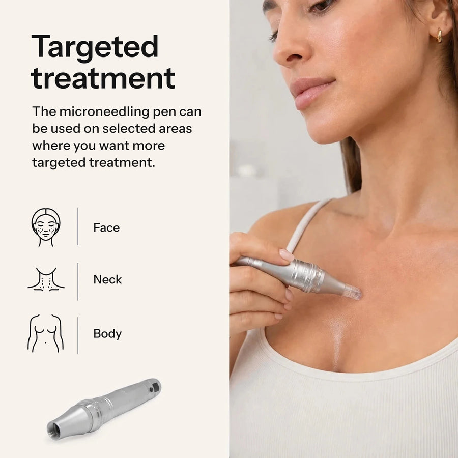 Woman using the Feevra Microneedling Pen on her chest; it can treat the face, neck and body