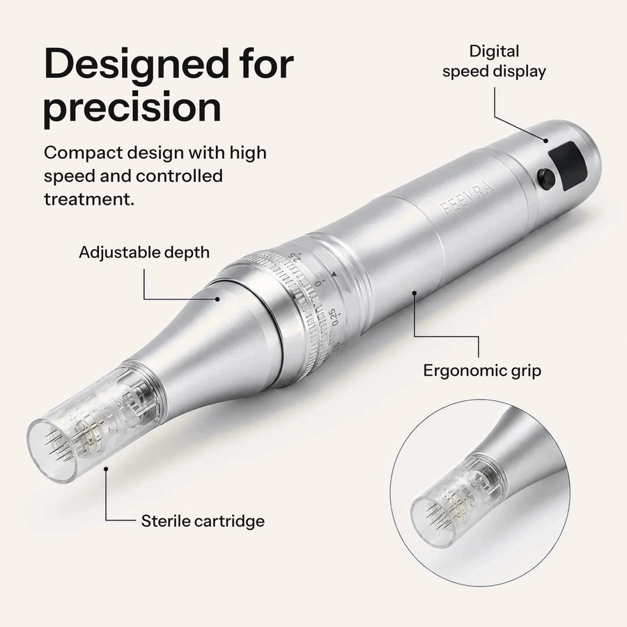 Feevra Microneedling Pen with labelled digital speed display, adjustable depth, ergonomic grip and sterile cartridge