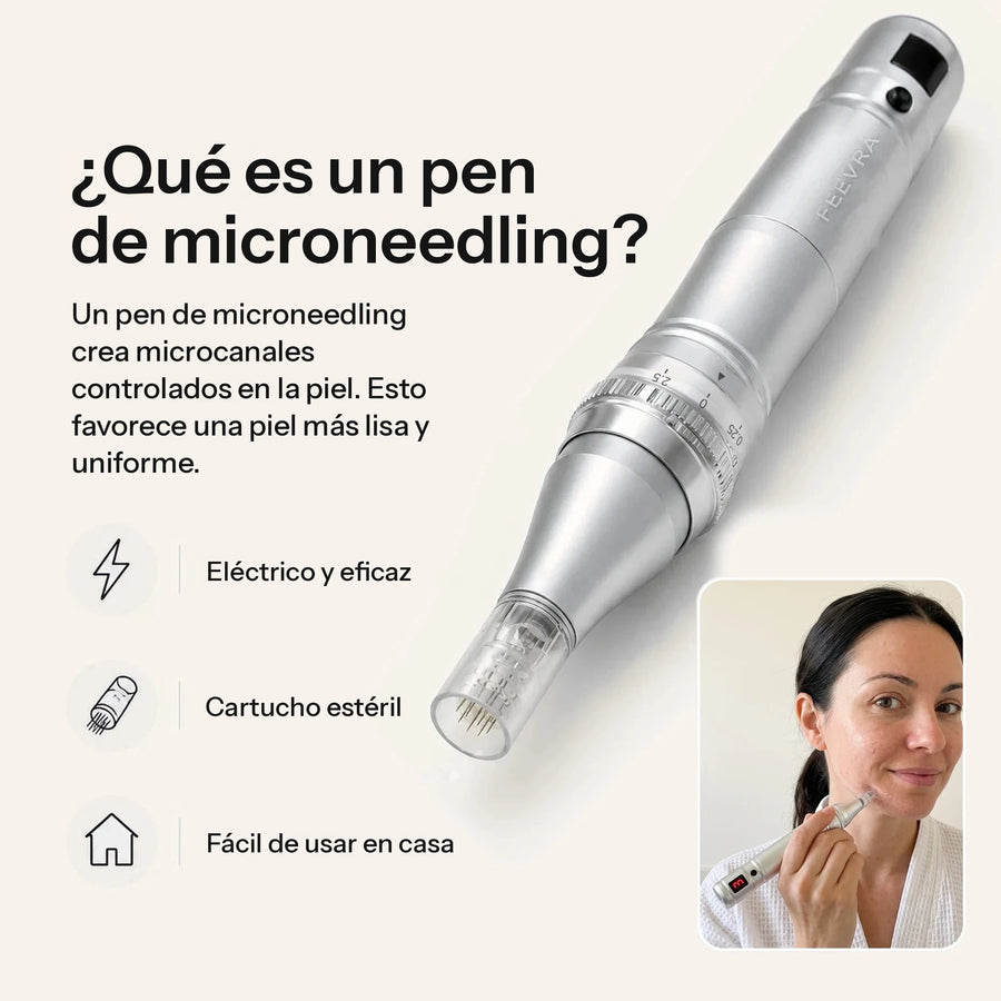 Feevra Microneedling Pen plateado con cartucho de agujas estéril y una mujer usándolo en casa