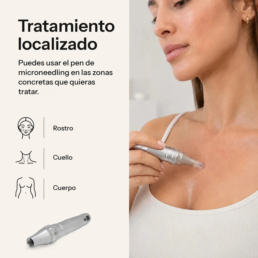 Mujer usando el Feevra Microneedling Pen en el escote; sirve para rostro, cuello y cuerpo