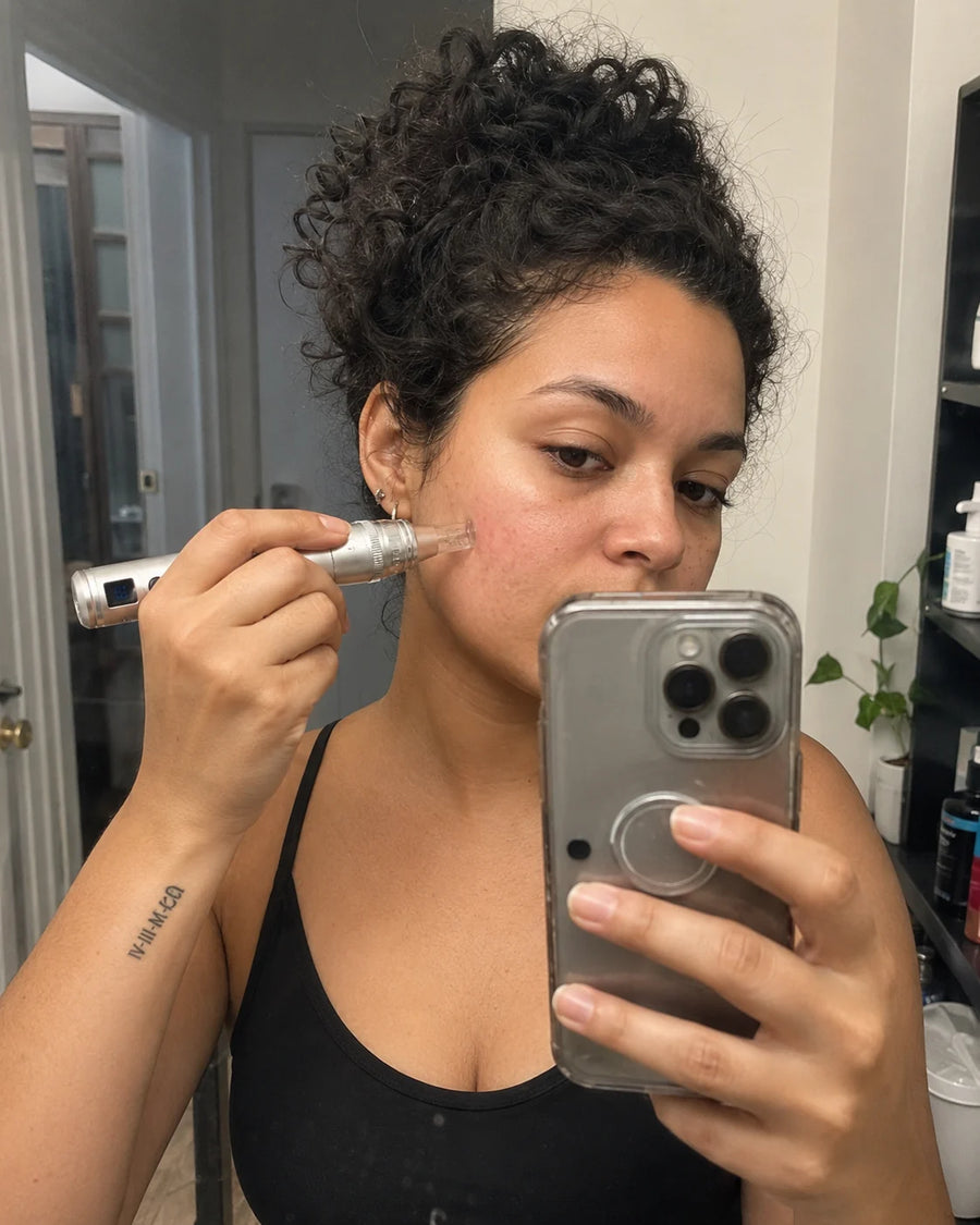 Femme utilisant le Feevra Microneedling Dermapen sur son visage