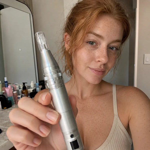 Femme rousse qui tient le Feevra Microneedling Pen près de son visage