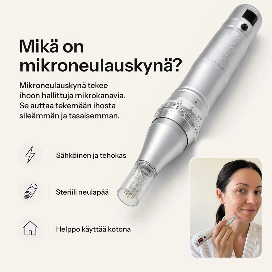 Hopeanvärinen Feevra Microneedling Pen ja steriili neulapää sekä nainen, joka käyttää kynää kotona