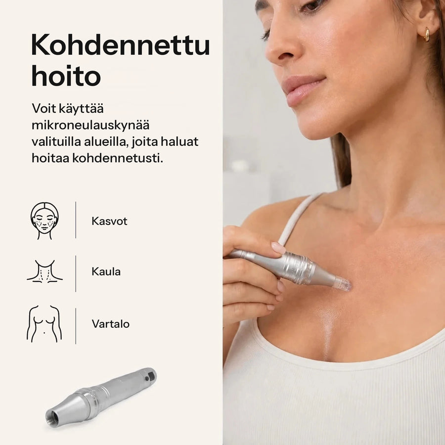 Nainen käyttää Feevra Microneedling Pen -kynää rintakehällään; sopii kasvoille, kaulalle ja vartalolle