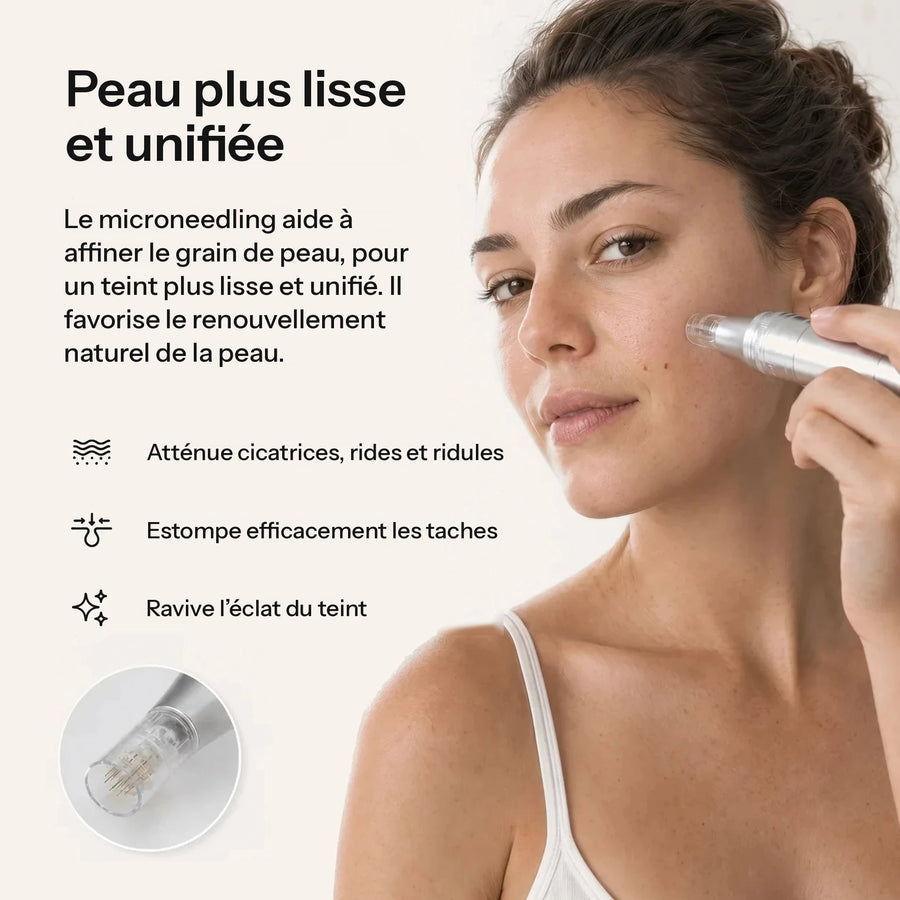 Femme qui utilise le Feevra Microneedling Pen sur sa joue, avec ses bienfaits : une peau plus lisse, plus unifiée et un teint plus éclatant