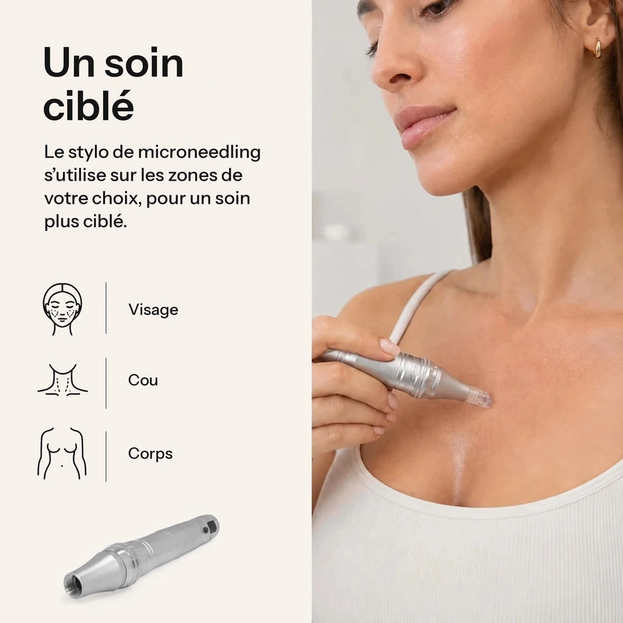 Femme qui utilise le Feevra Microneedling Pen sur son décolleté. Il s’utilise sur le visage, le cou et le corps