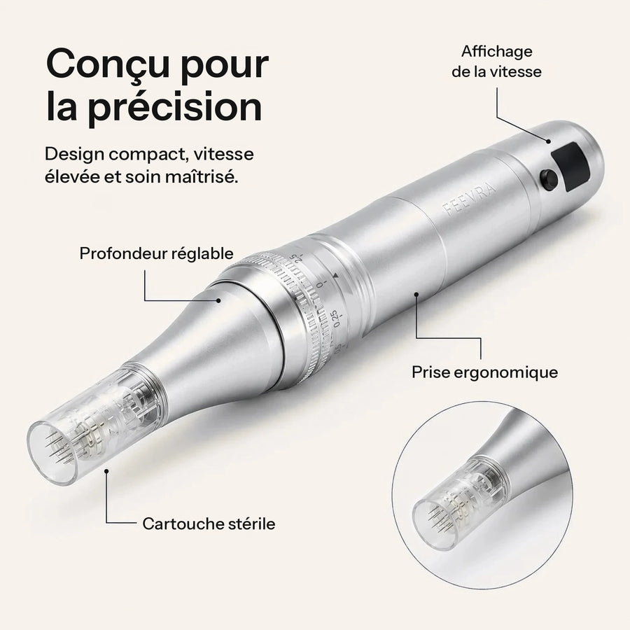 Feevra Microneedling Pen avec légendes : affichage numérique de la vitesse, profondeur réglable, prise ergonomique et cartouche stérile