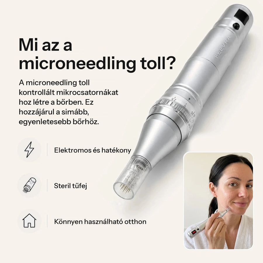 Ezüst színű Feevra Microneedling Pen steril tűfejjel, valamint egy nő, aki otthon használja