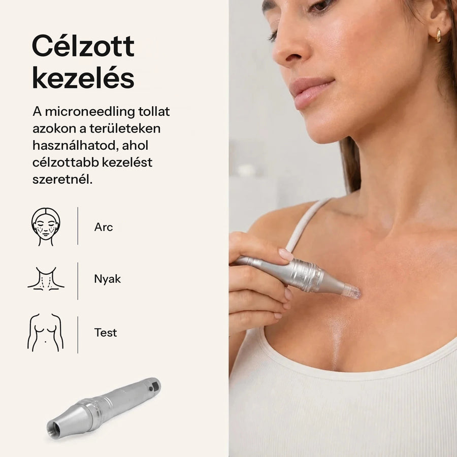 A Feevra Microneedling Pen használata a dekoltázson; arcon, nyakon és testen is alkalmazható
