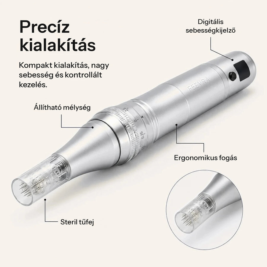 Feevra Microneedling Pen digitális sebességkijelzővel, állítható mélységgel, ergonomikus fogással és steril tűfejjel