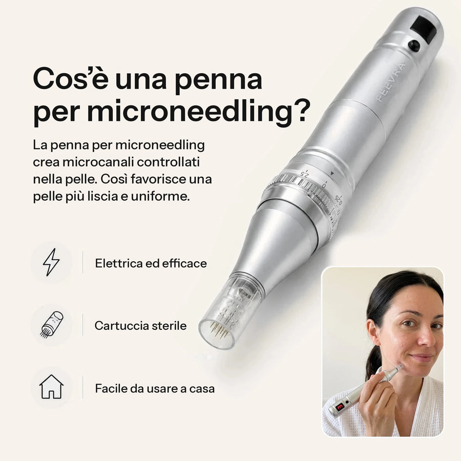 Feevra Microneedling Pen argentata con cartuccia di aghi sterile e una donna che la usa a casa