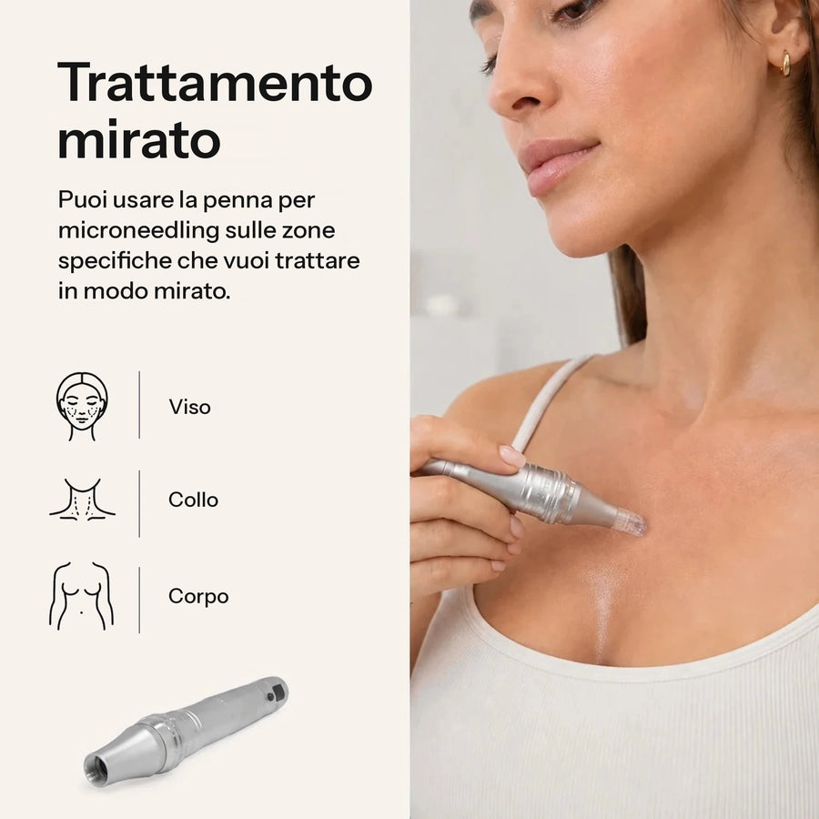 Donna che usa la Feevra Microneedling Pen sul décolleté; si può usare su viso, collo e corpo