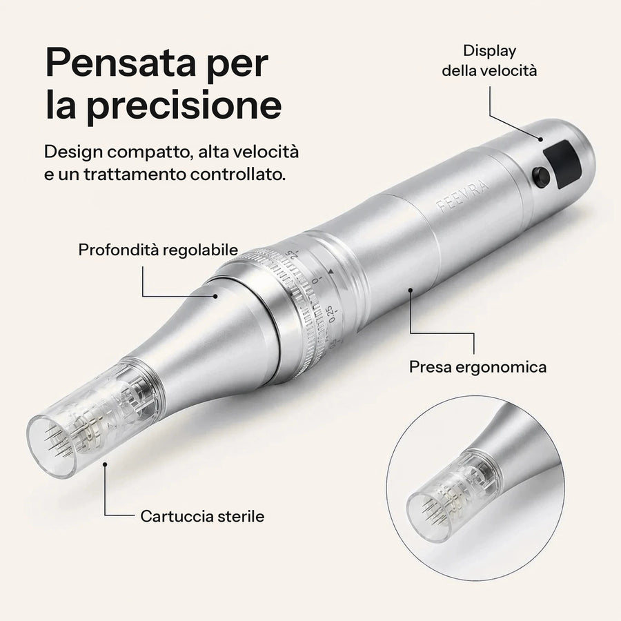 Feevra Microneedling Pen con display digitale della velocità, profondità regolabile, presa ergonomica e cartuccia sterile