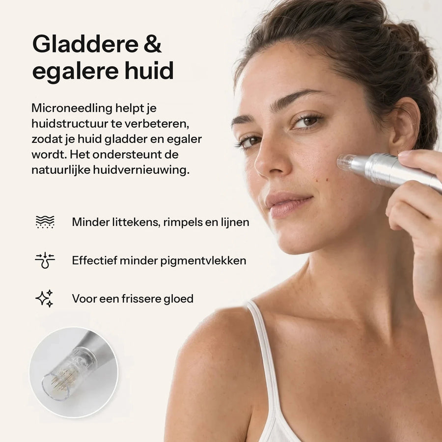 Vrouw gebruikt de Feevra Microneedling Pen op haar wang, voor een gladdere, egalere huid en een frisse glow