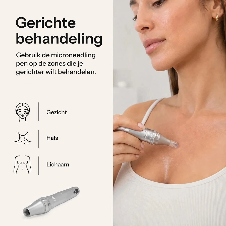 Vrouw gebruikt de Feevra Microneedling Pen op haar decolleté, geschikt voor gezicht, hals en lichaam