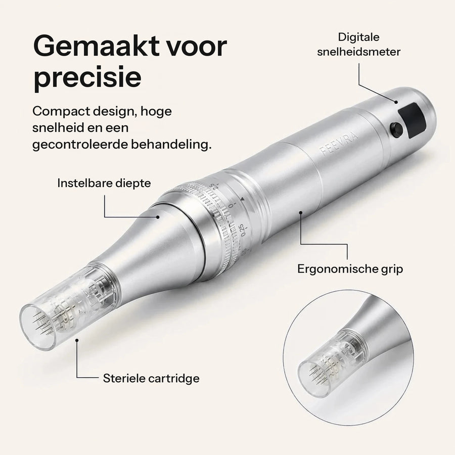 Feevra Microneedling Pen met digitale snelheidsmeter, instelbare diepte, ergonomische grip en steriele cartridge