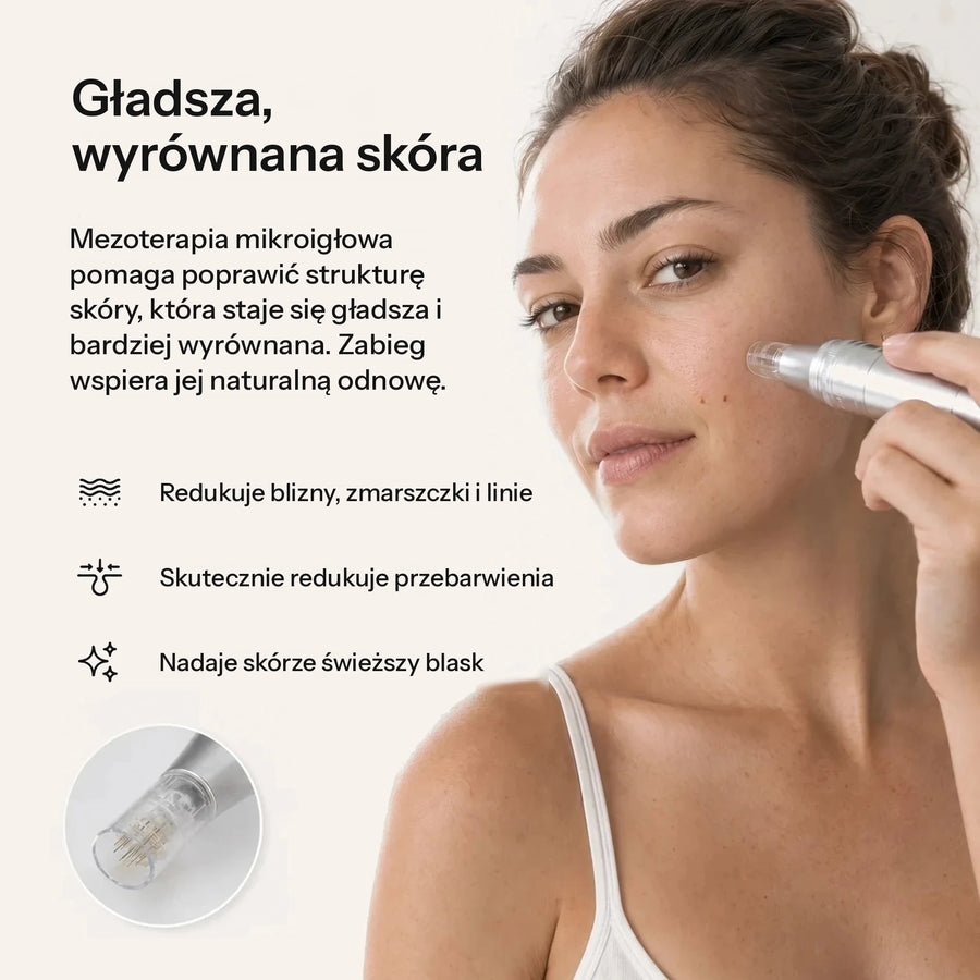 Kobieta używa Feevra Microneedling Pen na policzku, by uzyskać gładszą, wyrównaną i promienną skórę