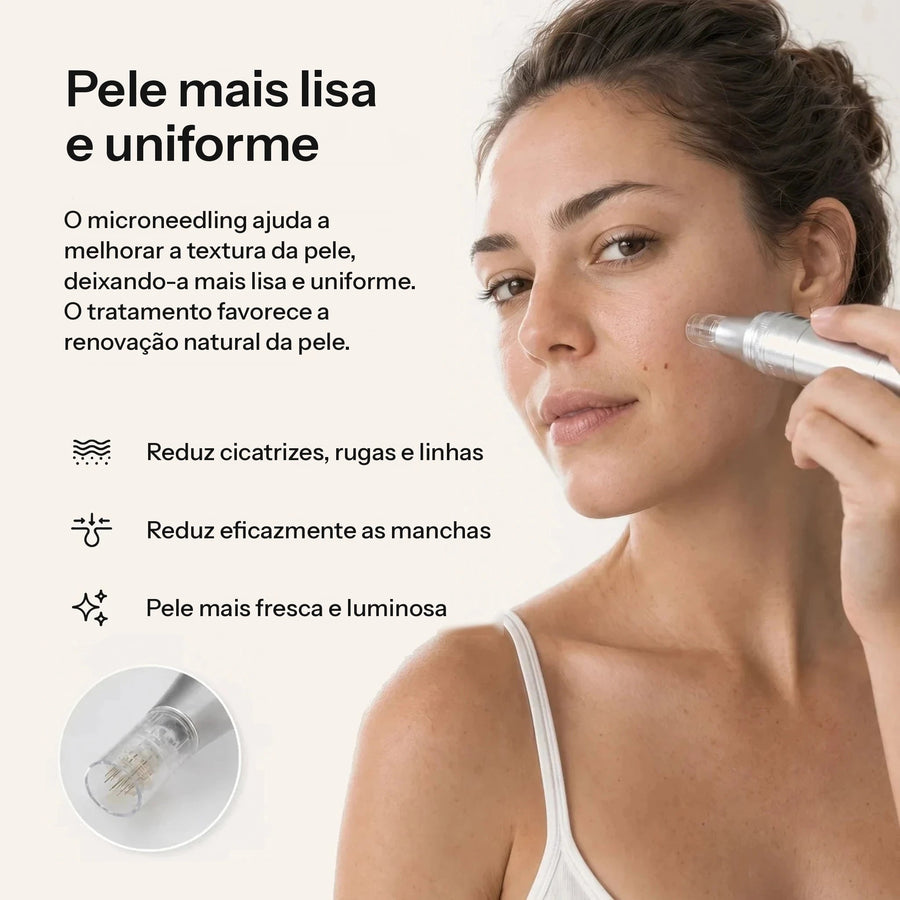 Mulher a usar a Feevra Microneedling Pen na bochecha, para uma pele mais lisa, uniforme e luminosa