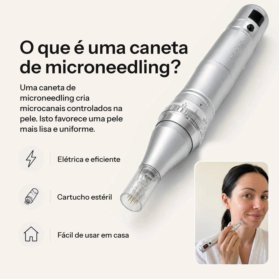Feevra Microneedling Pen prateada com cartucho de agulhas estéril e uma mulher a usá-la em casa