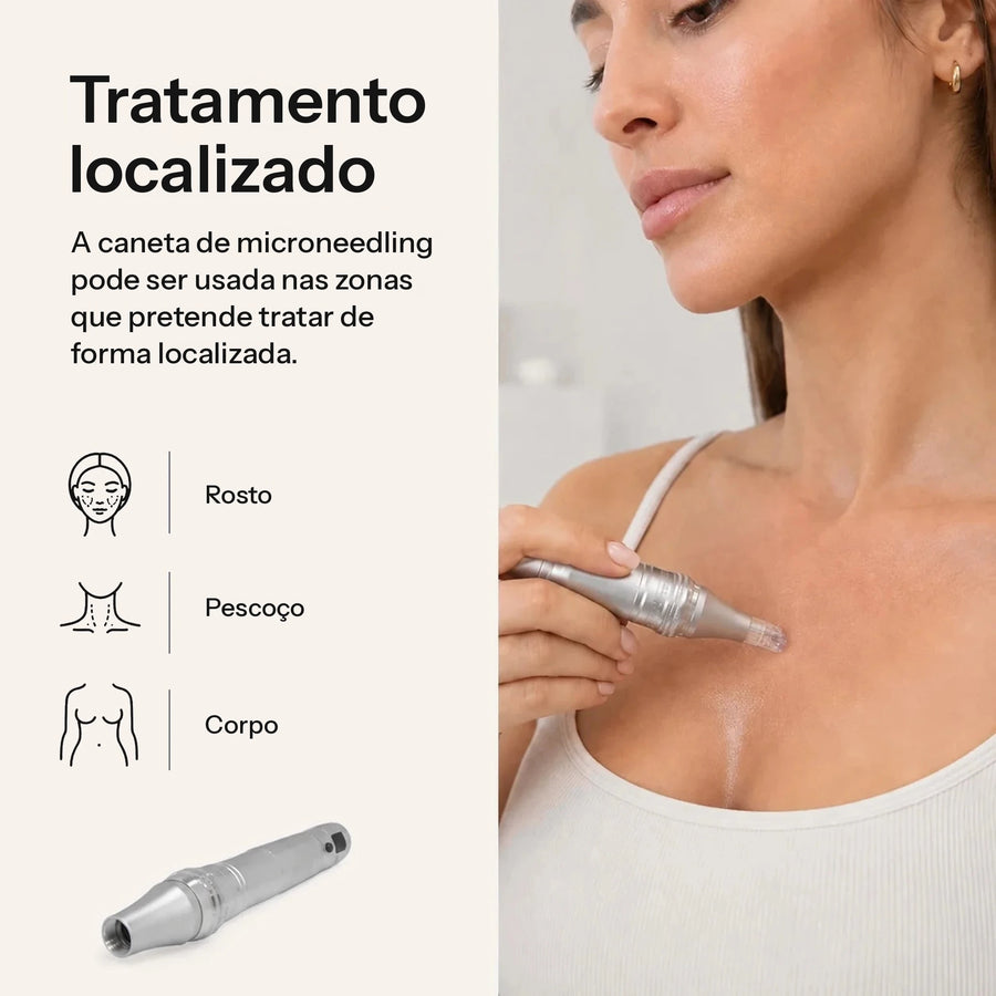 Mulher a usar a Feevra Microneedling Pen no decote; pode ser usada no rosto, no pescoço e no corpo