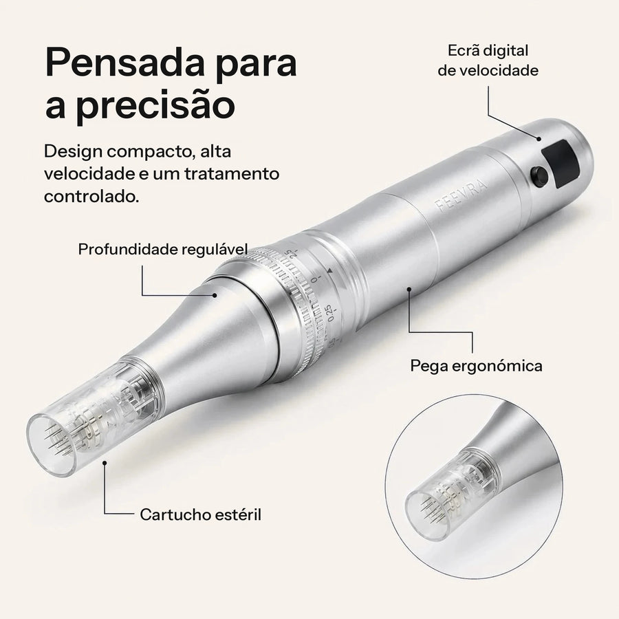 Feevra Microneedling Pen com ecrã digital de velocidade, profundidade regulável, pega ergonómica e cartucho estéril